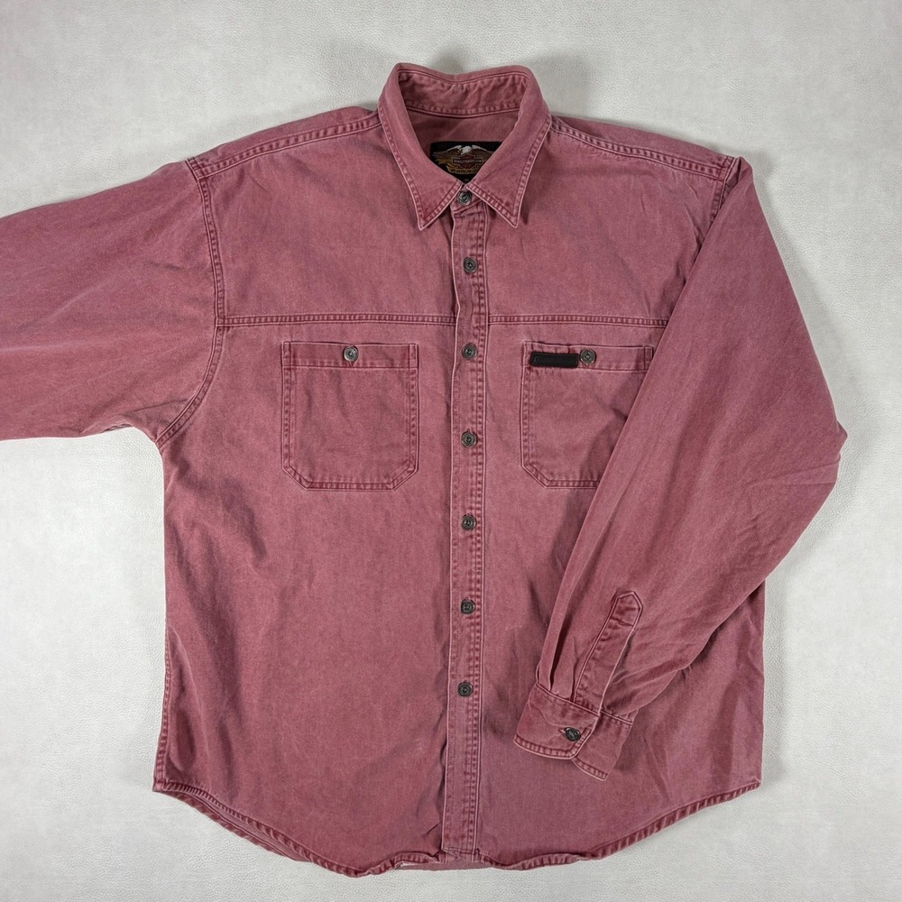 Harley-Davidson Mens XL Faded Burgundy Cotton Denim Button Down Shirt Vintage